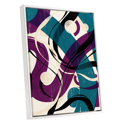 Teal Orbit Rhapsody, blue, purple, black abstract wall art shown as a white framed canvas wall art