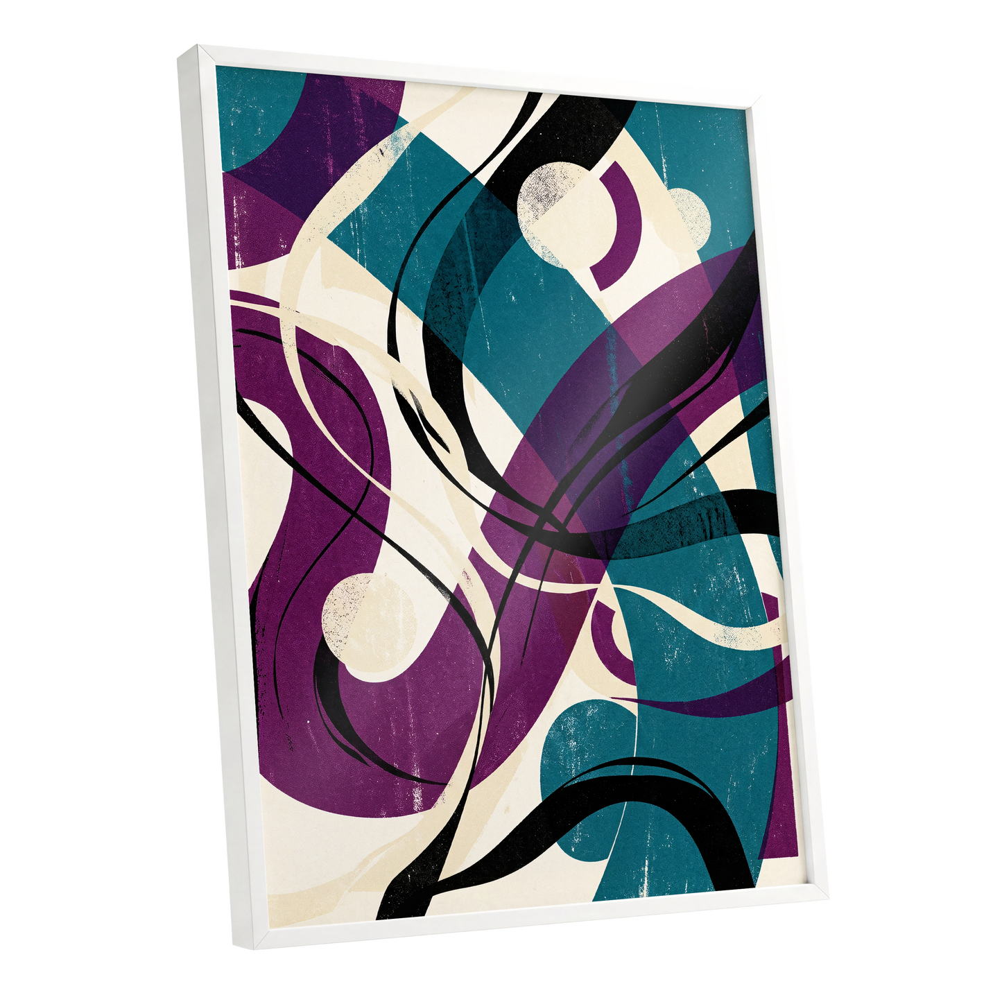 Teal Orbit Rhapsody, blue, purple, black abstract wall art shown as a white framed poster wall art print