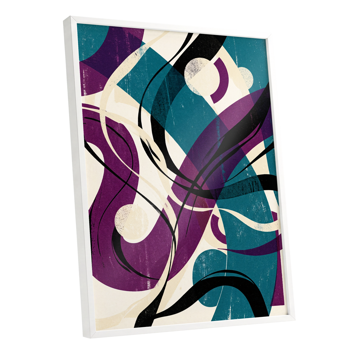 Teal Orbit Rhapsody, blue, purple, black abstract wall art shown as a white framed poster wall art print