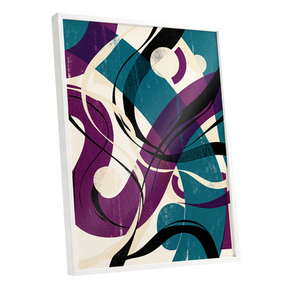 Teal Orbit Rhapsody, blue, purple, black abstract wall art shown as a white framed poster wall art print