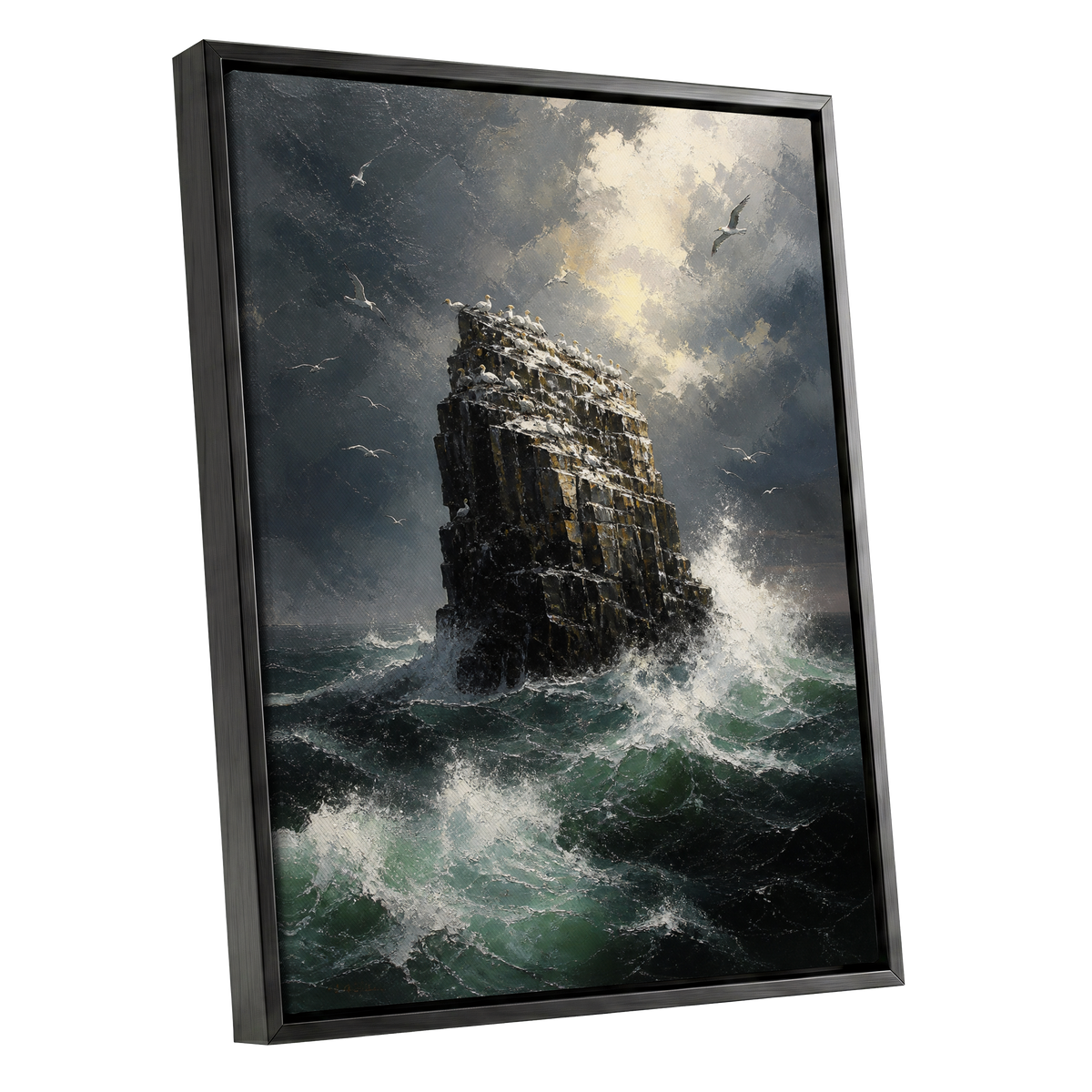 Tempest at Seabird Rock, black, gray, green nature wall art shown as a black framed canvas wall art