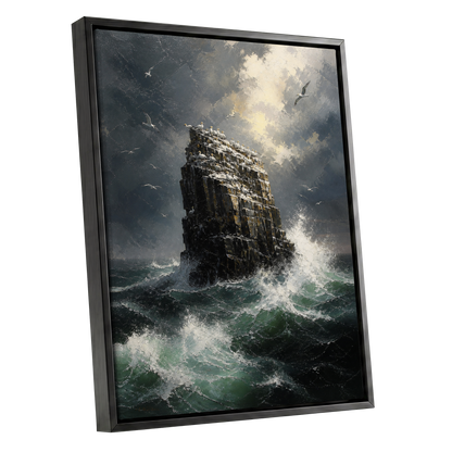 Tempest at Seabird Rock, black, gray, green nature wall art shown as a black framed canvas wall art