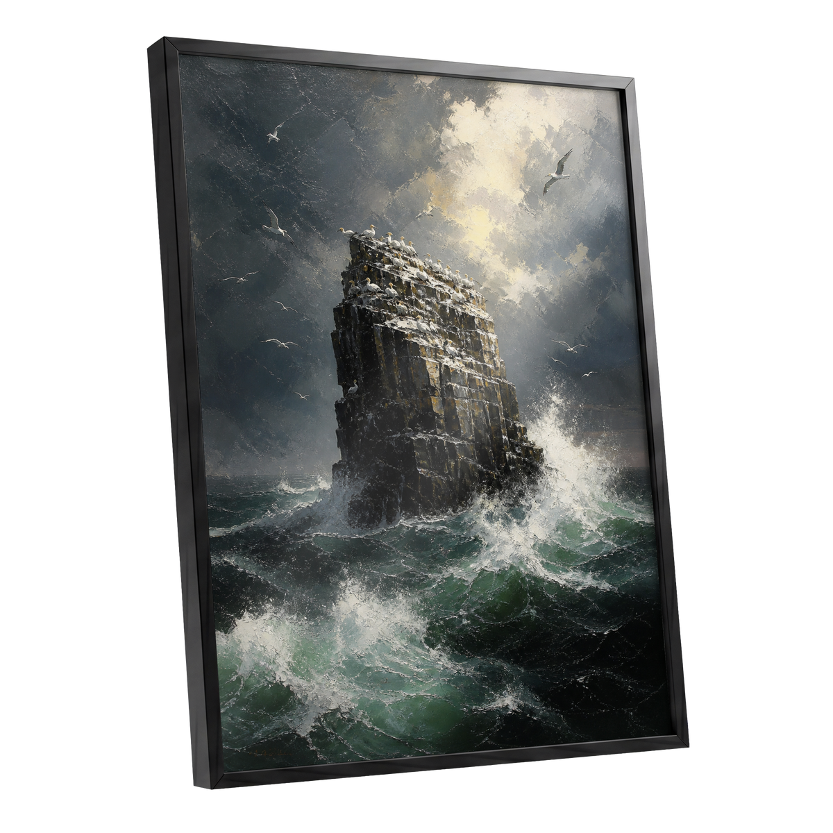 Tempest at Seabird Rock, black, gray, green nature wall art shown as a black framed poster wall art print