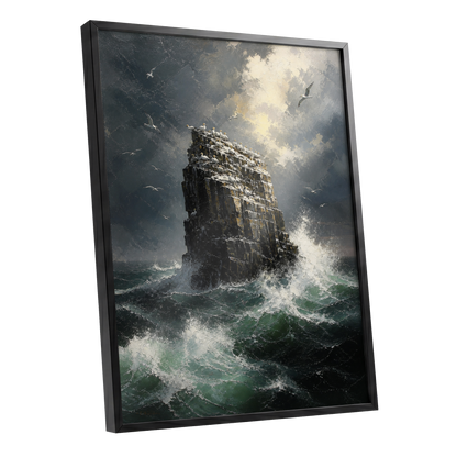 Tempest at Seabird Rock, black, gray, green nature wall art shown as a black framed poster wall art print