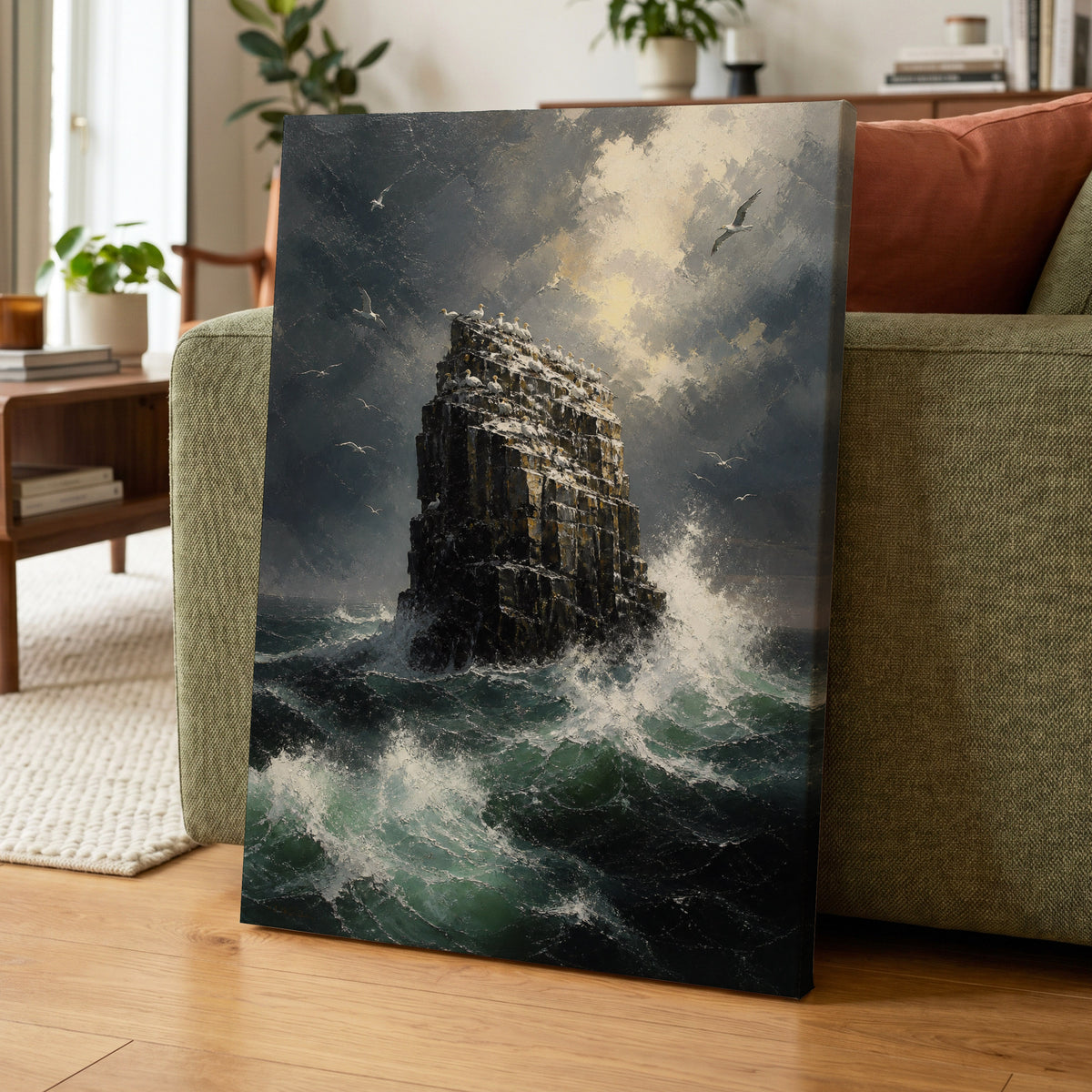 Tempest at Seabird Rock, black, gray, green nature wall art on canvas displayed in a styled interior, gallery view 1