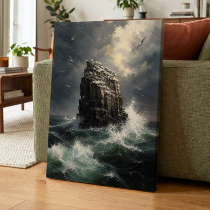 Tempest at Seabird Rock, black, gray, green nature wall art on canvas displayed in a styled interior, gallery view 1