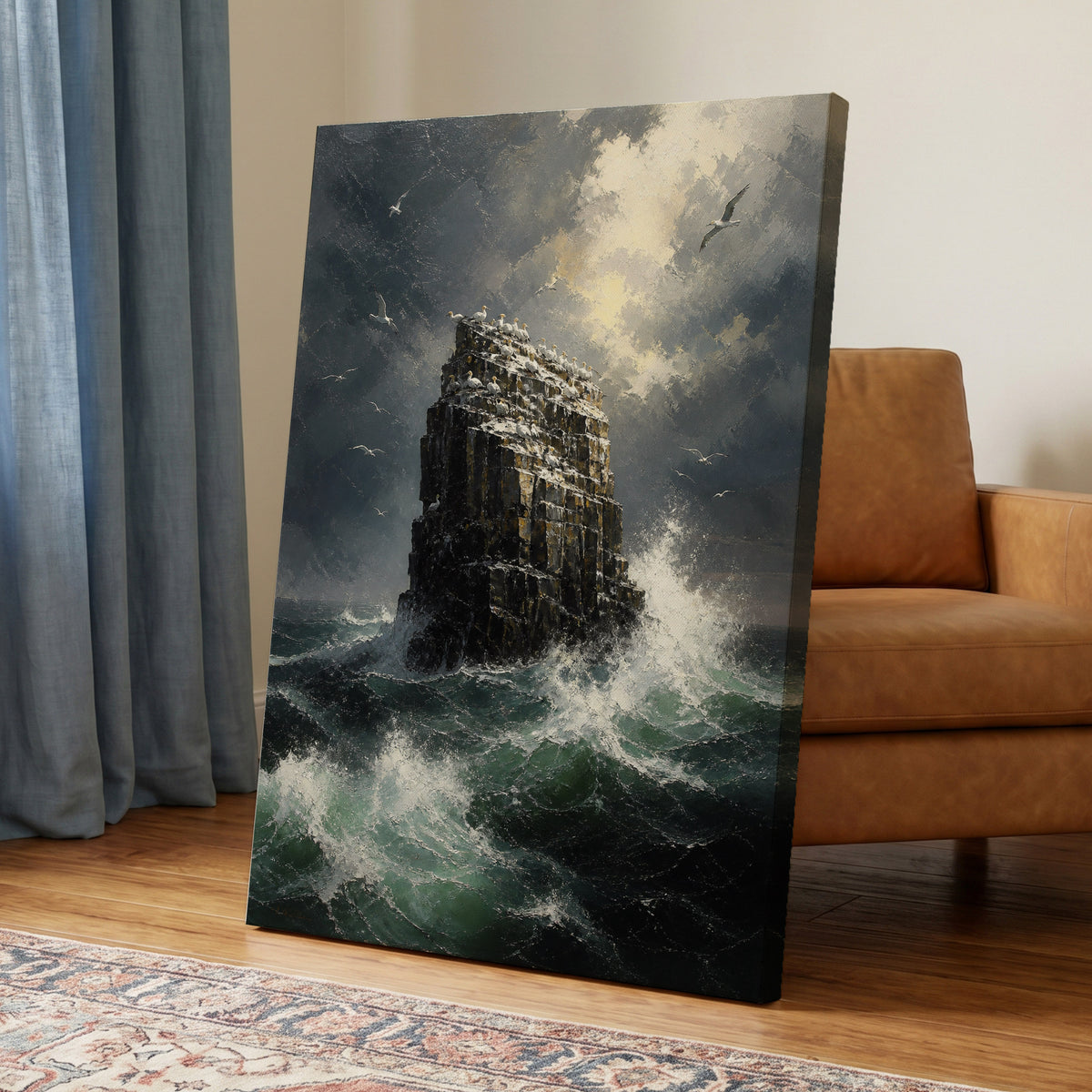 Tempest at Seabird Rock, black, gray, green nature wall art on canvas displayed in a styled interior, gallery view 2