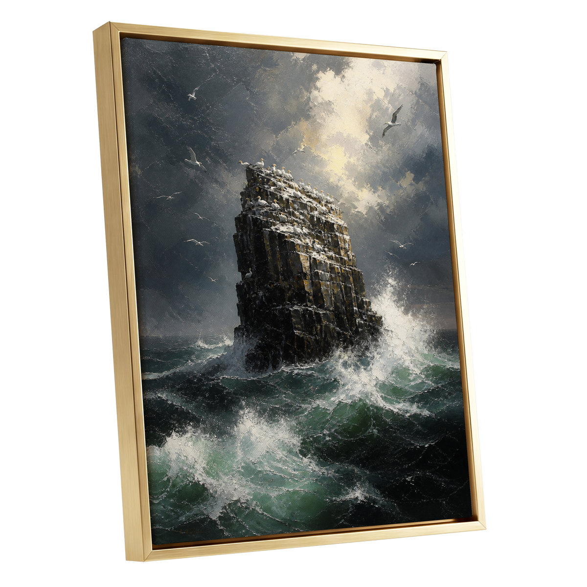 Tempest at Seabird Rock, black, gray, green nature wall art shown as a gold framed canvas wall art
