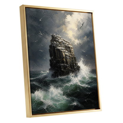 Tempest at Seabird Rock, black, gray, green nature wall art shown as a gold framed canvas wall art