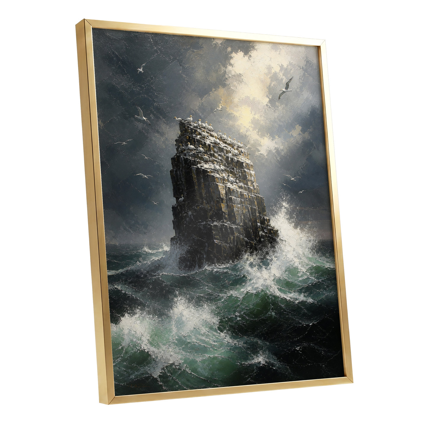Tempest at Seabird Rock, black, gray, green nature wall art shown as a gold framed poster wall art print