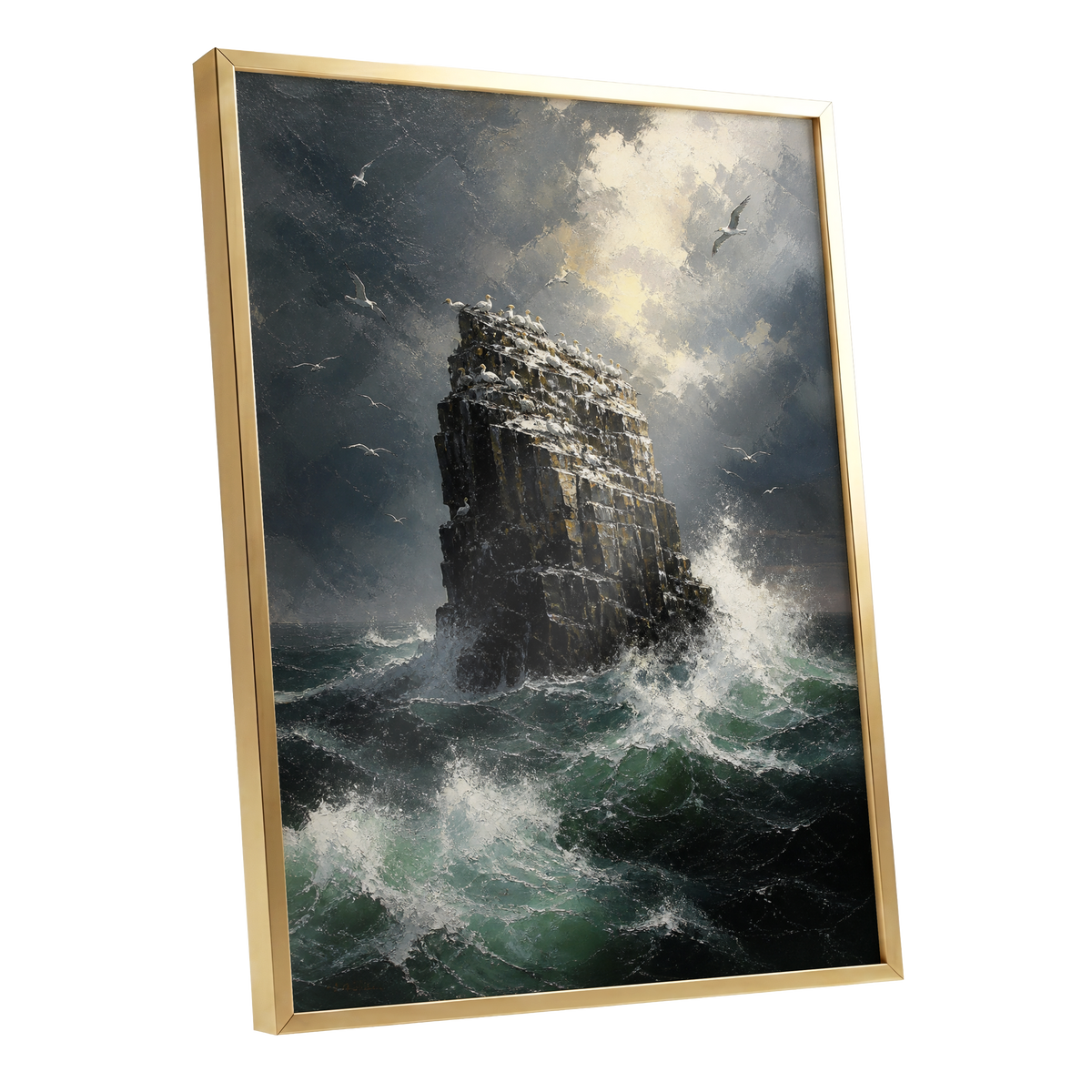 Tempest at Seabird Rock, black, gray, green nature wall art shown as a gold framed poster wall art print