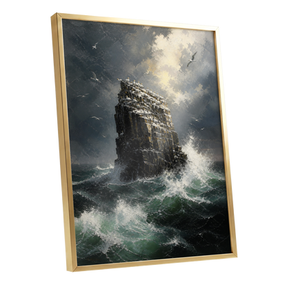 Tempest at Seabird Rock, black, gray, green nature wall art shown as a gold framed poster wall art print