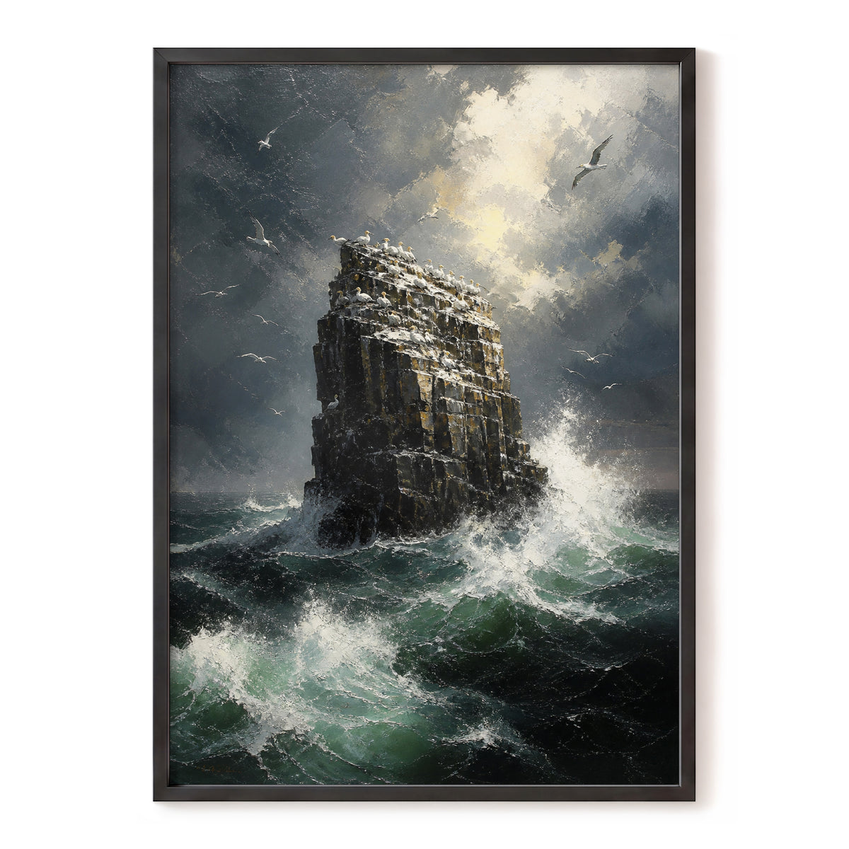 Tempest at Seabird Rock, black, gray, green nature wall art, front artwork view