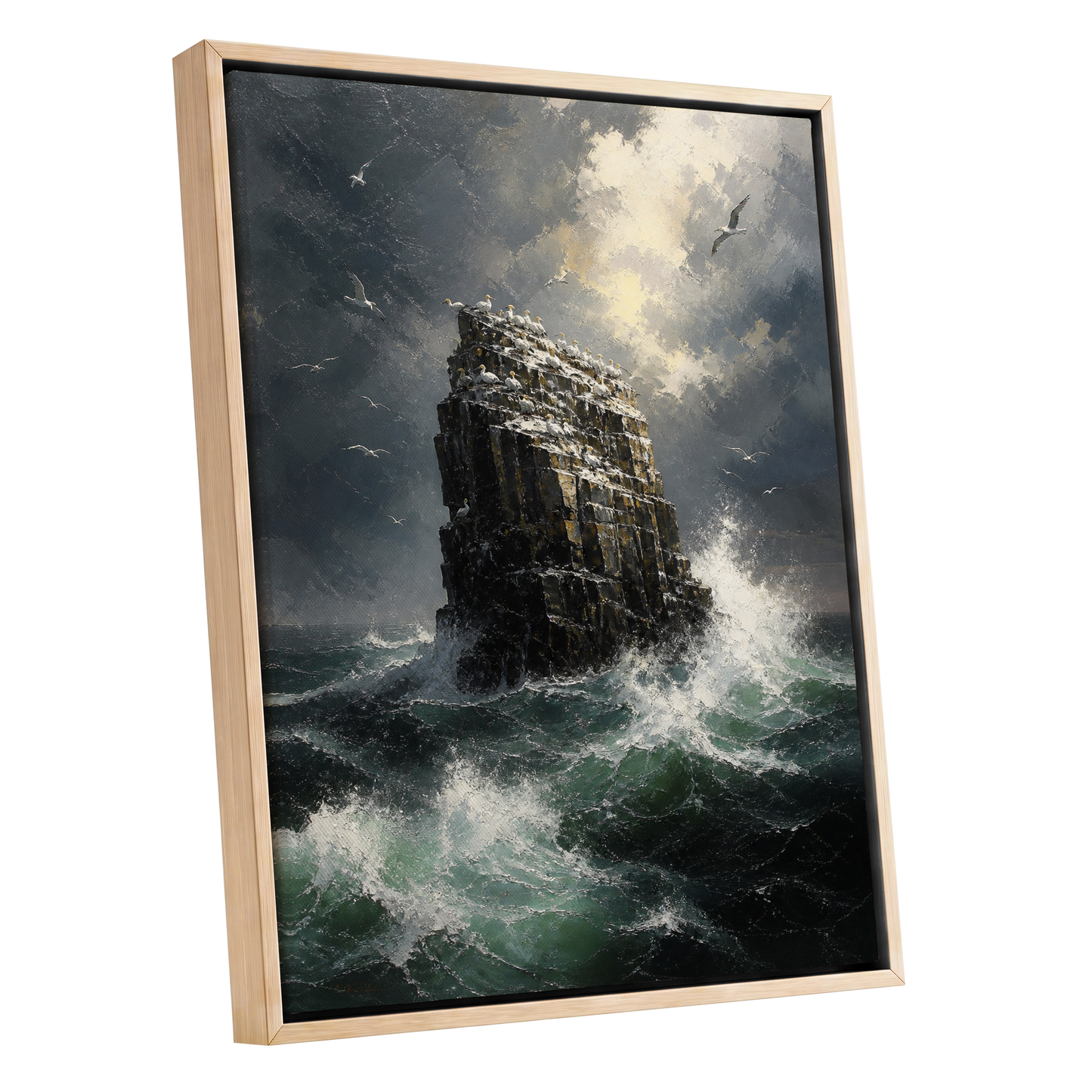 Tempest at Seabird Rock, black, gray, green nature wall art shown as a oak framed canvas wall art