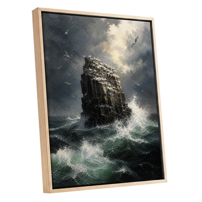 Tempest at Seabird Rock, black, gray, green nature wall art shown as a oak framed canvas wall art