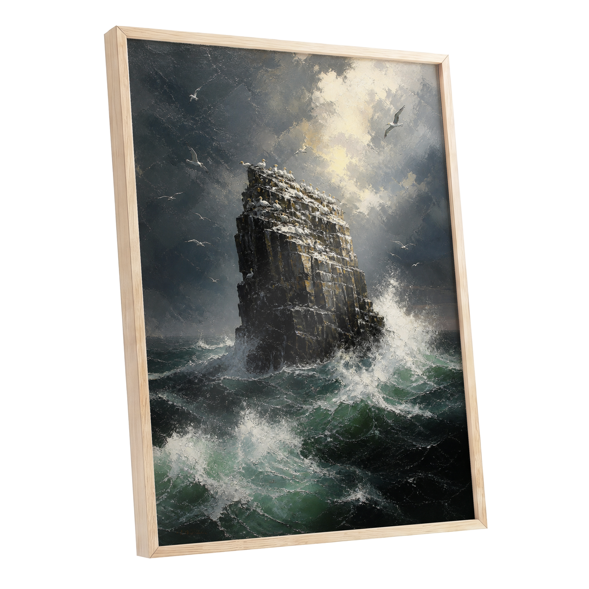 Tempest at Seabird Rock, black, gray, green nature wall art shown as a oak framed poster wall art print