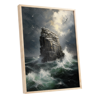 Tempest at Seabird Rock, black, gray, green nature wall art shown as a oak framed poster wall art print