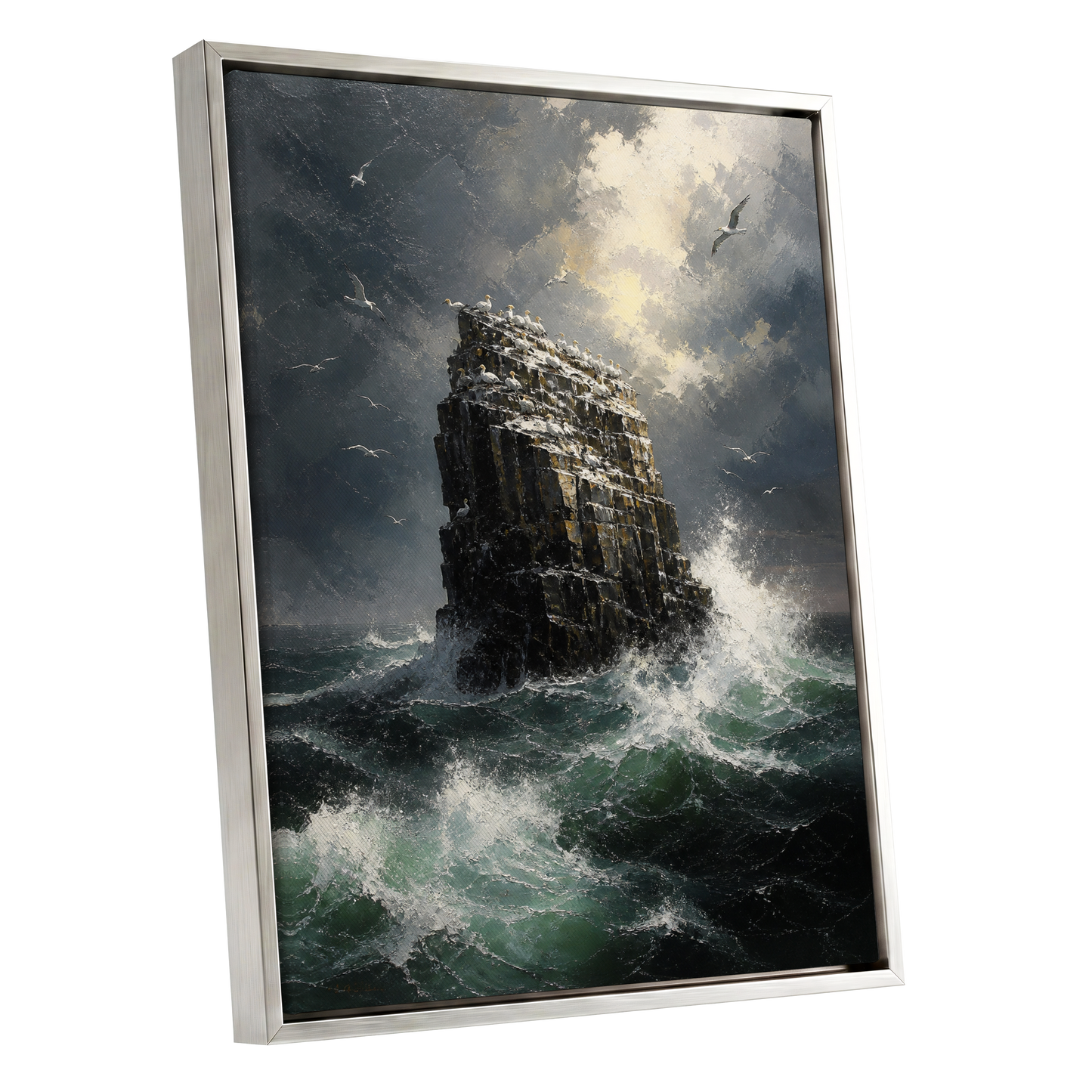 Tempest at Seabird Rock, black, gray, green nature wall art shown as a silver framed canvas wall art