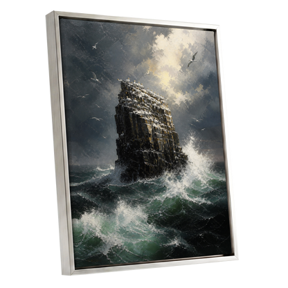 Tempest at Seabird Rock, black, gray, green nature wall art shown as a silver framed canvas wall art
