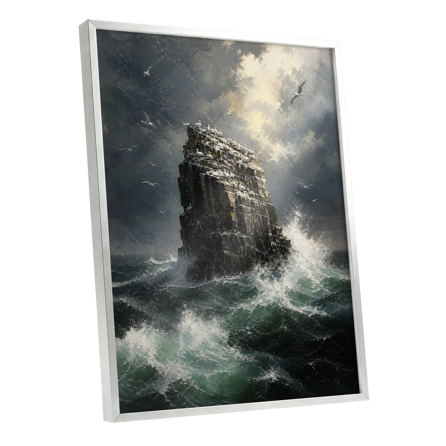 Tempest at Seabird Rock, black, gray, green nature wall art shown as a silver framed poster wall art print