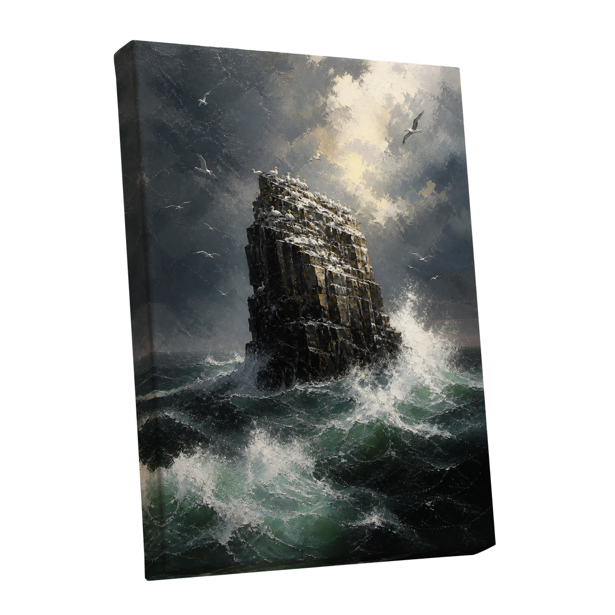 Tempest at Seabird Rock, black, gray, green nature wall art shown as a stretched canvas wall art