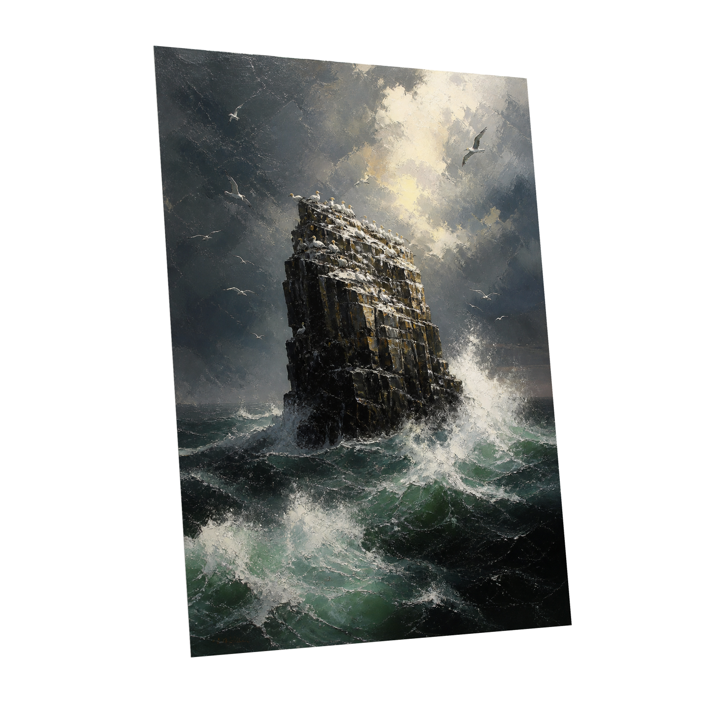 Tempest at Seabird Rock, black, gray, green nature wall art shown as a unframed poster wall art print