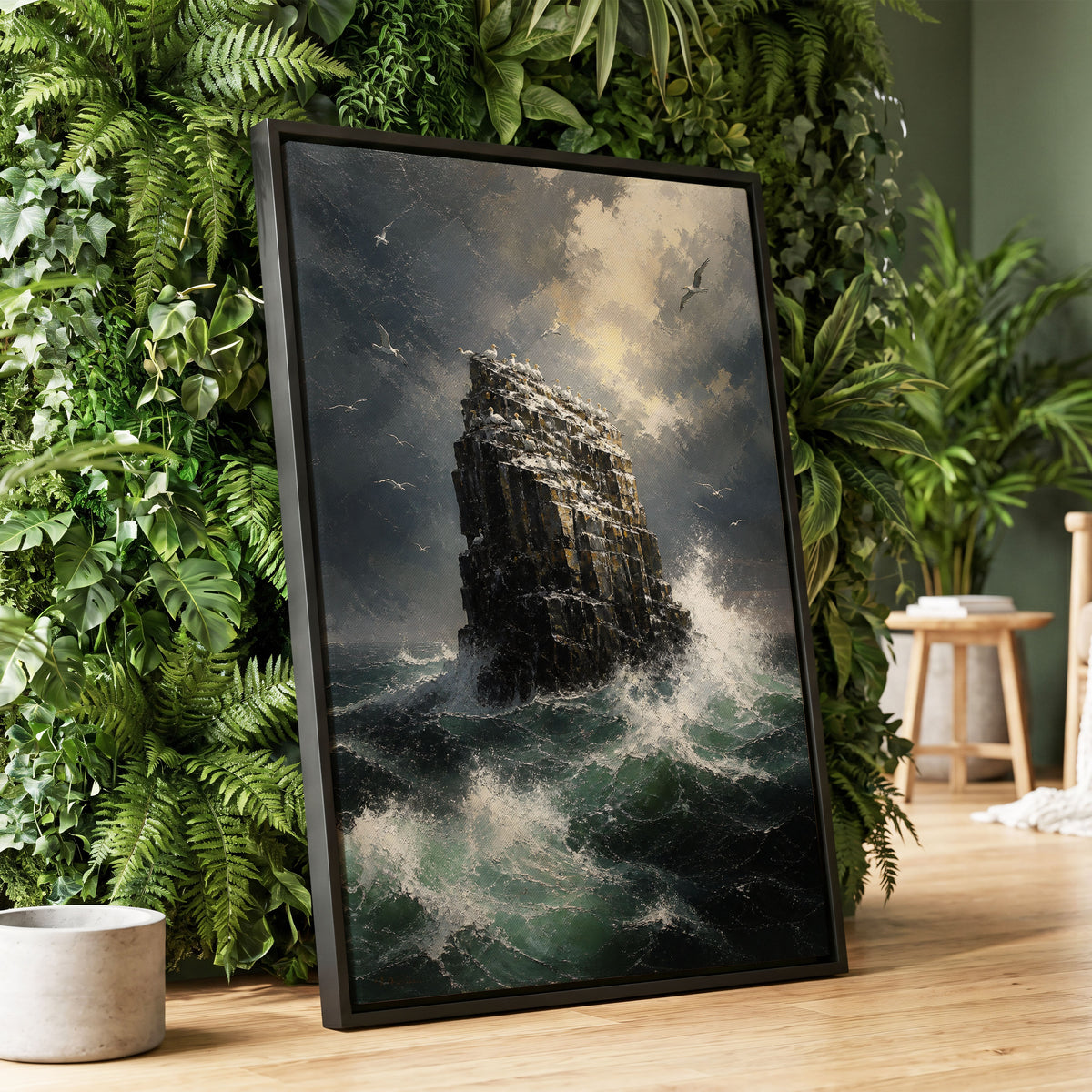 Tempest at Seabird Rock, black, gray, green nature wall art displayed in a styled interior, gallery view 1