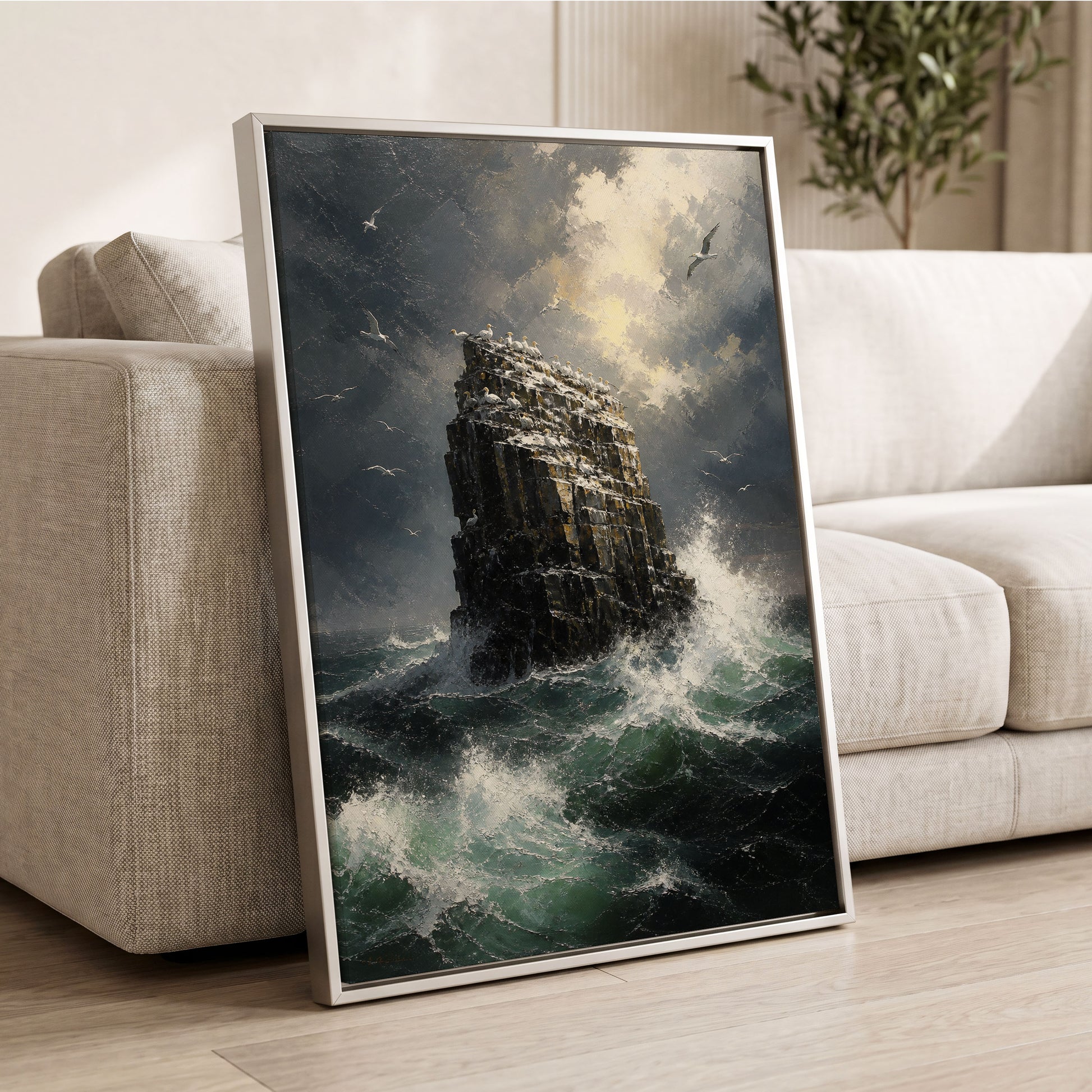 Tempest at Seabird Rock, black, gray, green nature wall art displayed in a styled interior, gallery view 2