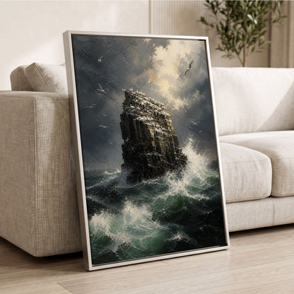 Tempest at Seabird Rock, black, gray, green nature wall art displayed in a styled interior, gallery view 2