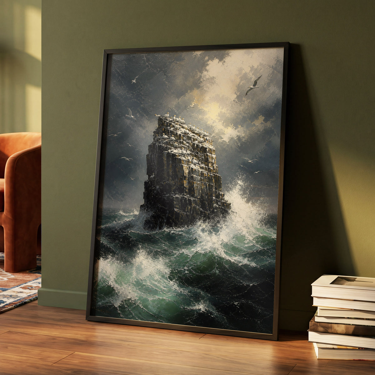 Tempest at Seabird Rock, black, gray, green nature wall art displayed in a styled interior, gallery view 4