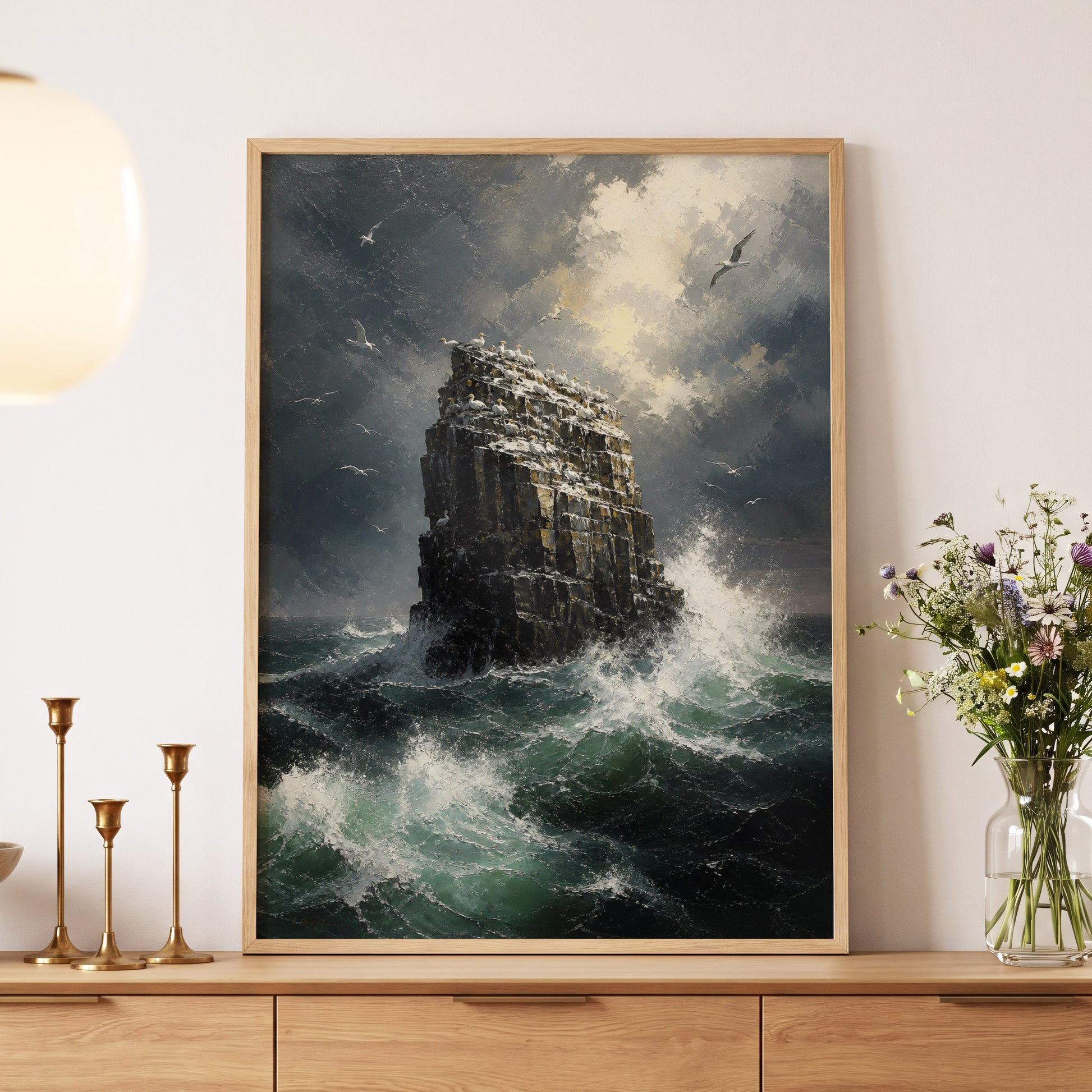 Tempest at Seabird Rock, black, gray, green nature wall art displayed in a styled interior, gallery view 5