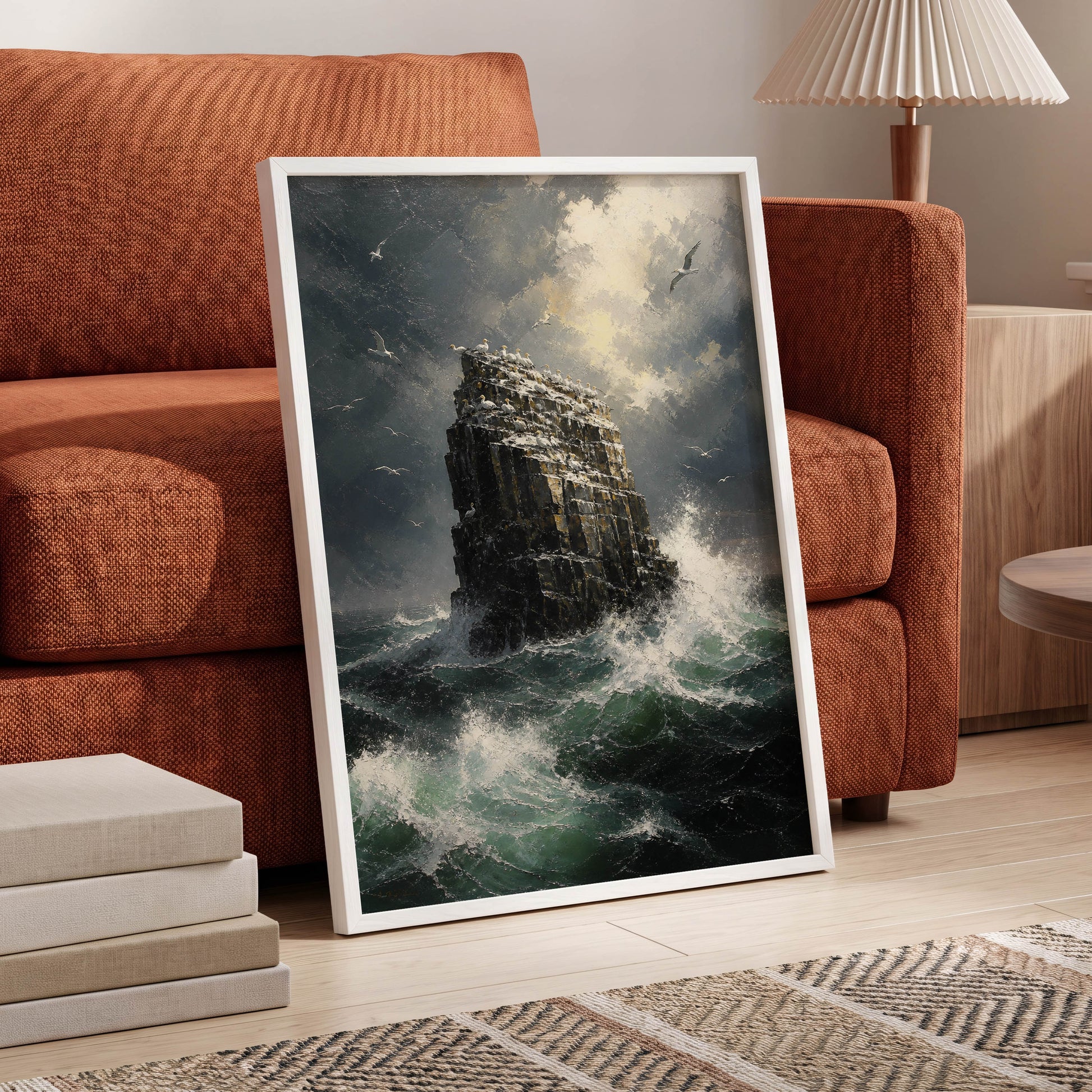 Tempest at Seabird Rock, black, gray, green nature wall art displayed in a styled interior, gallery view 6