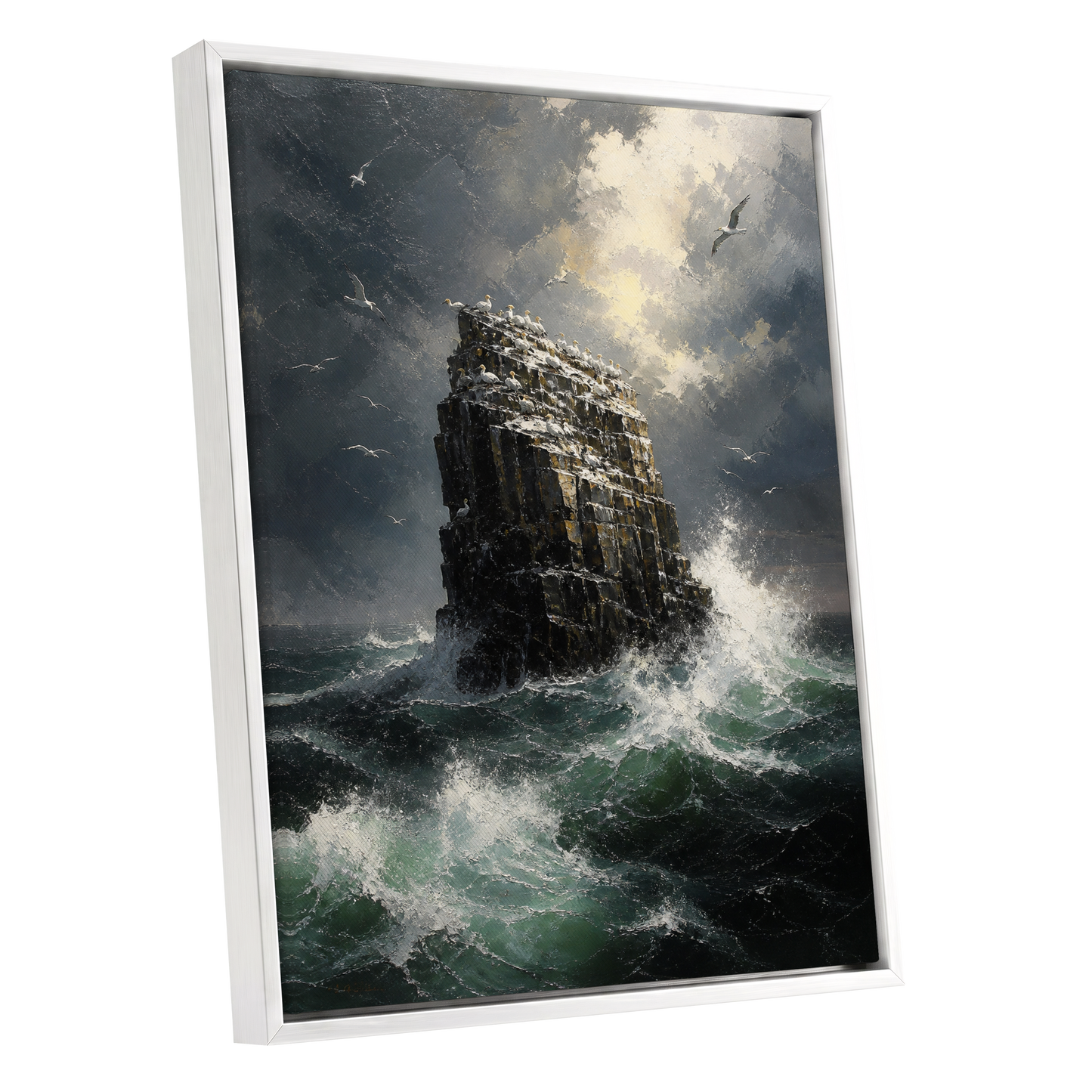 Tempest at Seabird Rock, black, gray, green nature wall art shown as a white framed canvas wall art