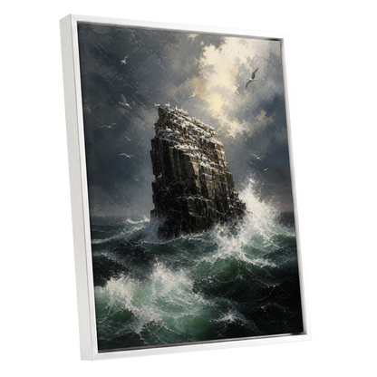 Tempest at Seabird Rock, black, gray, green nature wall art shown as a white framed canvas wall art