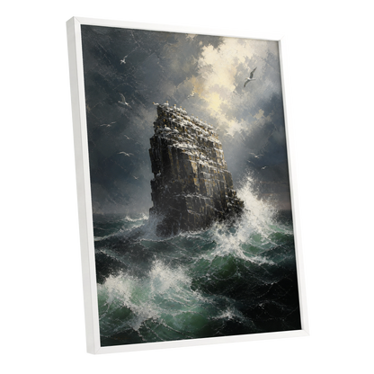 Tempest at Seabird Rock, black, gray, green nature wall art shown as a white framed poster wall art print