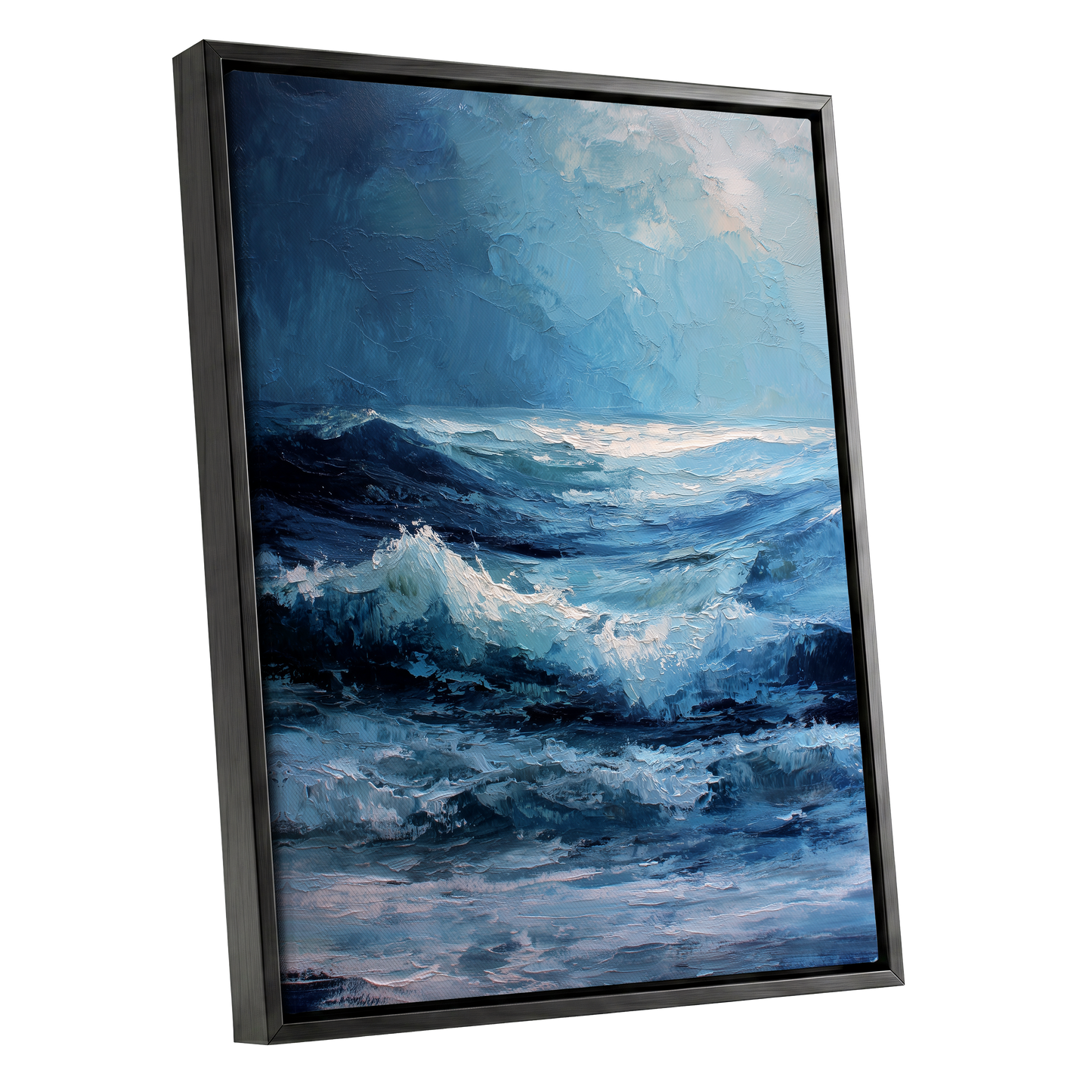 Tempest in Blue, blue, white, black nature wall art shown as a black framed canvas wall art
