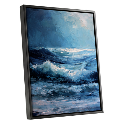 Tempest in Blue, blue, white, black nature wall art shown as a black framed canvas wall art