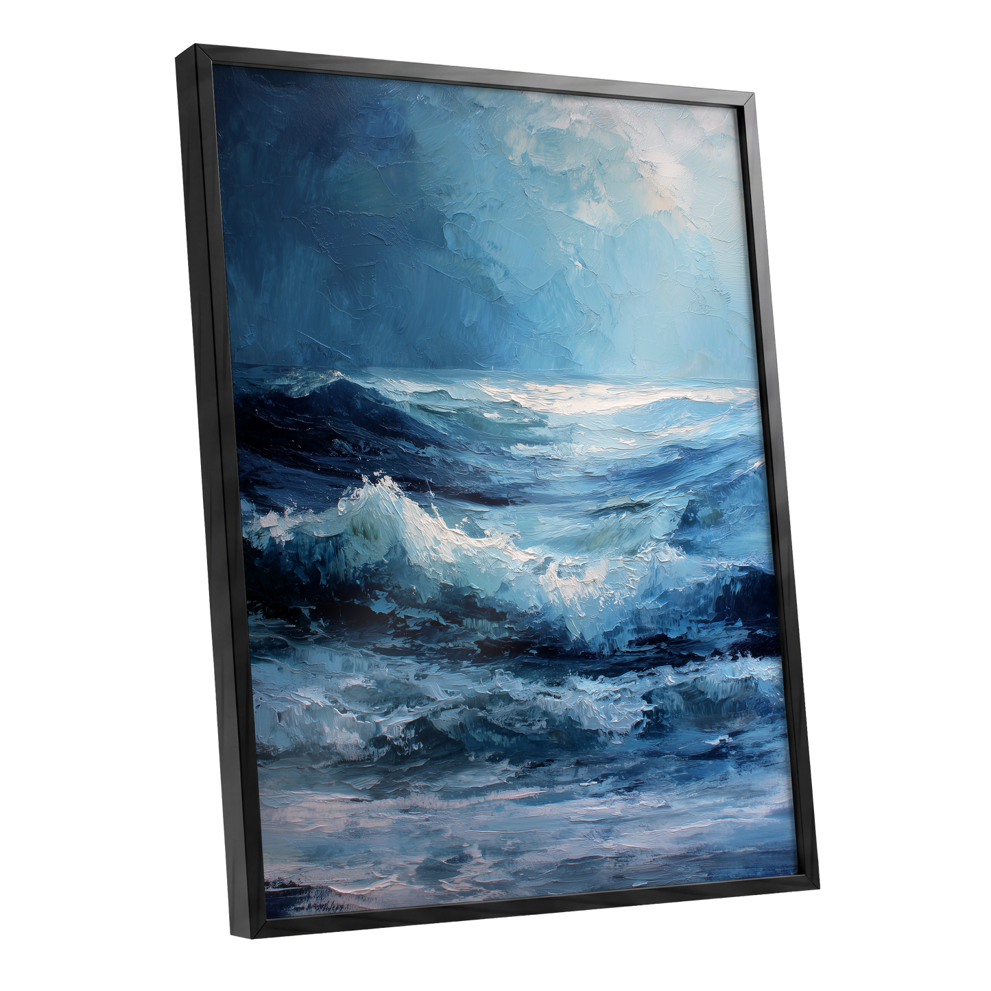 Tempest in Blue, blue, white, black nature wall art shown as a black framed poster wall art print