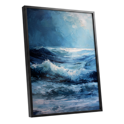 Tempest in Blue, blue, white, black nature wall art shown as a black framed poster wall art print