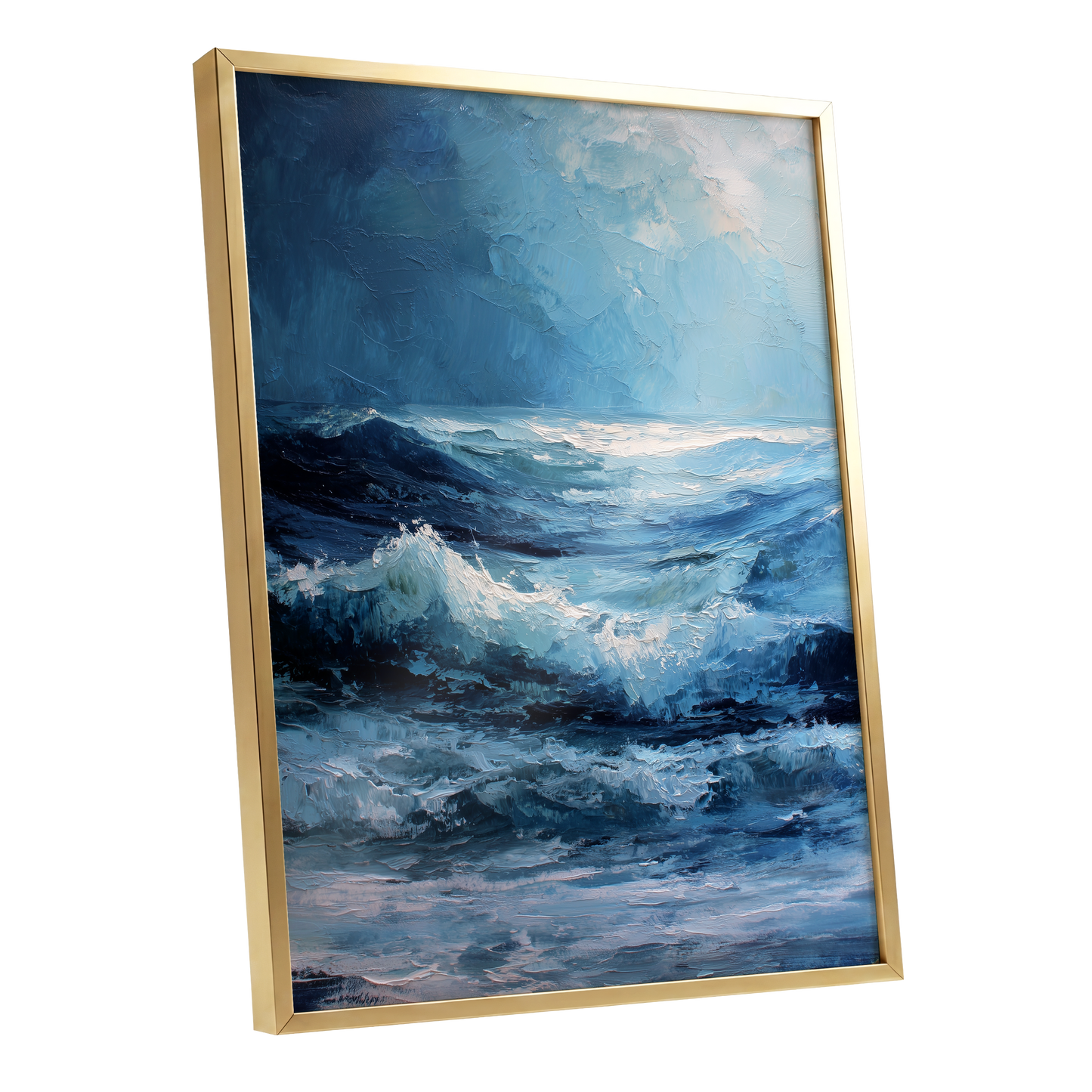 Tempest in Blue, blue, white, black nature wall art shown as a gold framed poster wall art print
