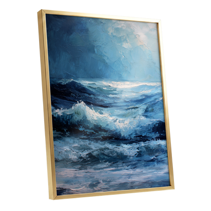 Tempest in Blue, blue, white, black nature wall art shown as a gold framed poster wall art print