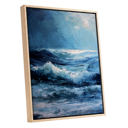 Tempest in Blue, blue, white, black nature wall art shown as a oak framed canvas wall art