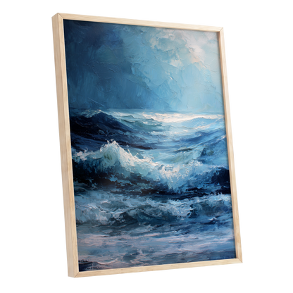 Tempest in Blue, blue, white, black nature wall art shown as a oak framed poster wall art print