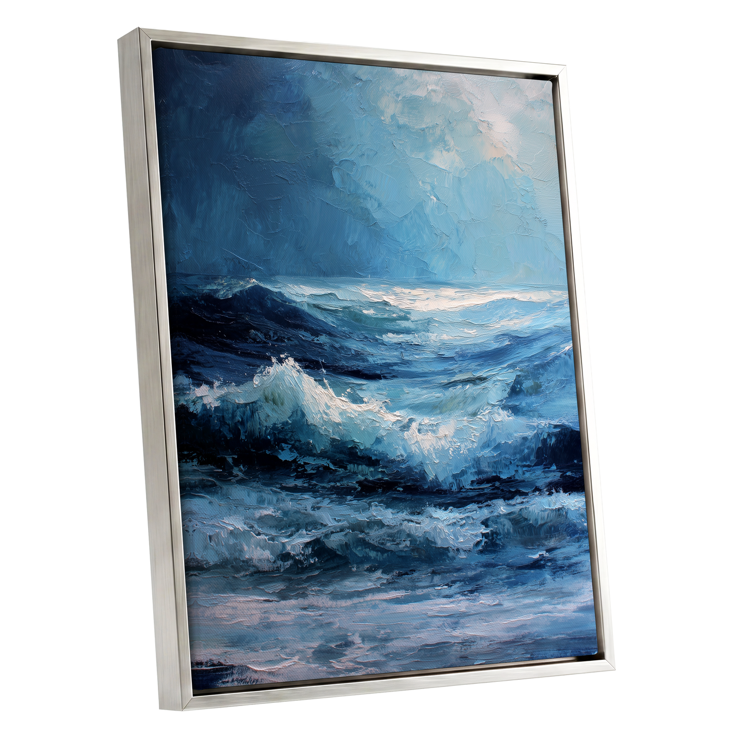 Tempest in Blue, blue, white, black nature wall art shown as a silver framed canvas wall art