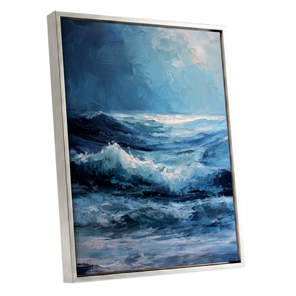 Tempest in Blue, blue, white, black nature wall art shown as a silver framed canvas wall art