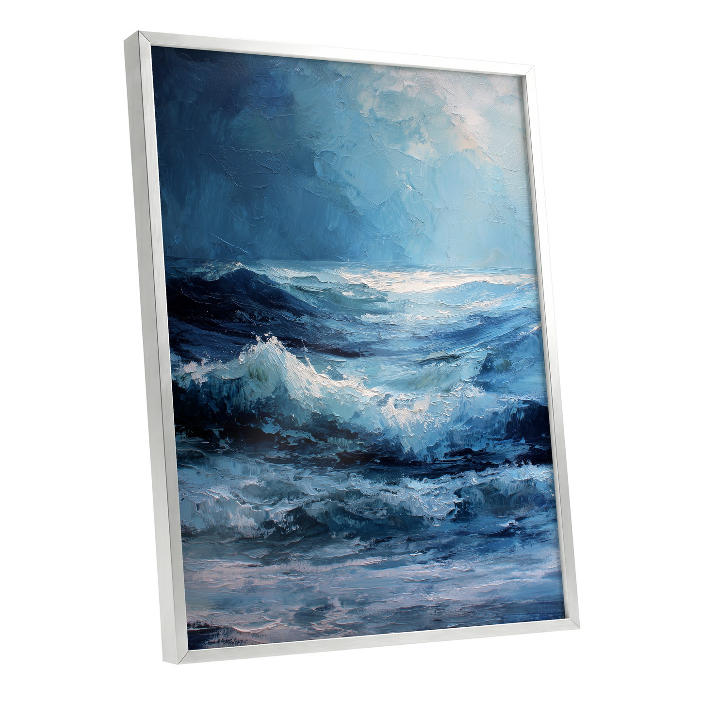 Tempest in Blue, blue, white, black nature wall art shown as a silver framed poster wall art print