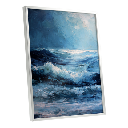 Tempest in Blue, blue, white, black nature wall art shown as a silver framed poster wall art print