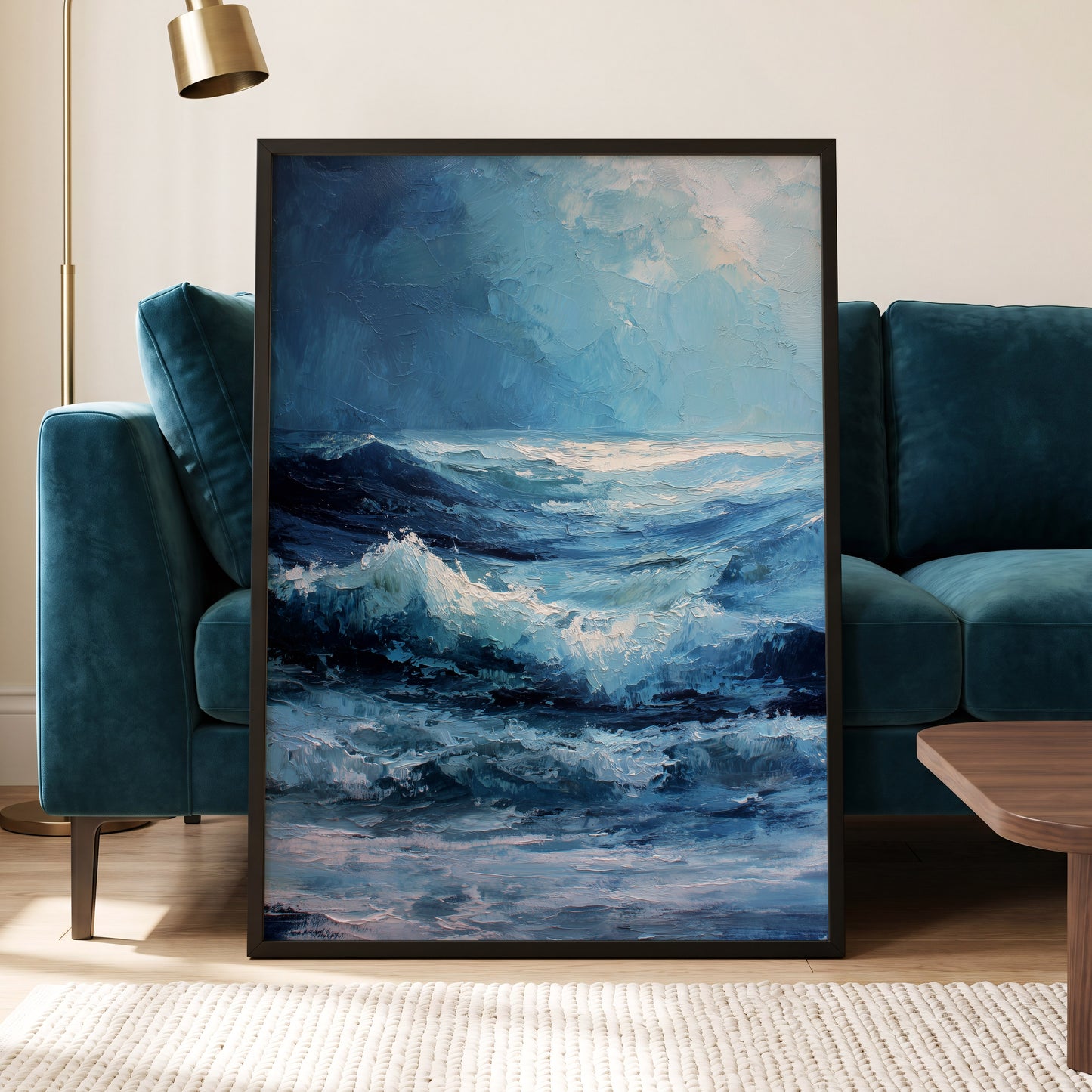Tempest in Blue, blue, white, black nature wall art displayed in a styled interior, gallery view 2