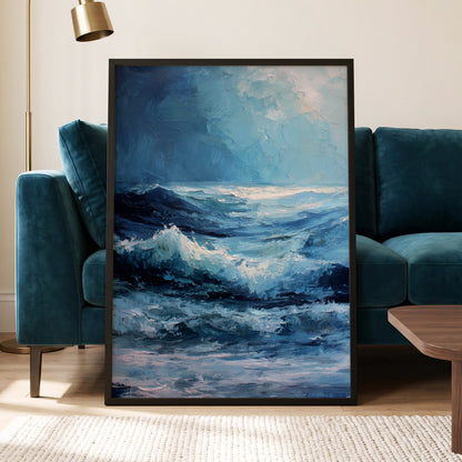 Tempest in Blue, blue, white, black nature wall art displayed in a styled interior, gallery view 2