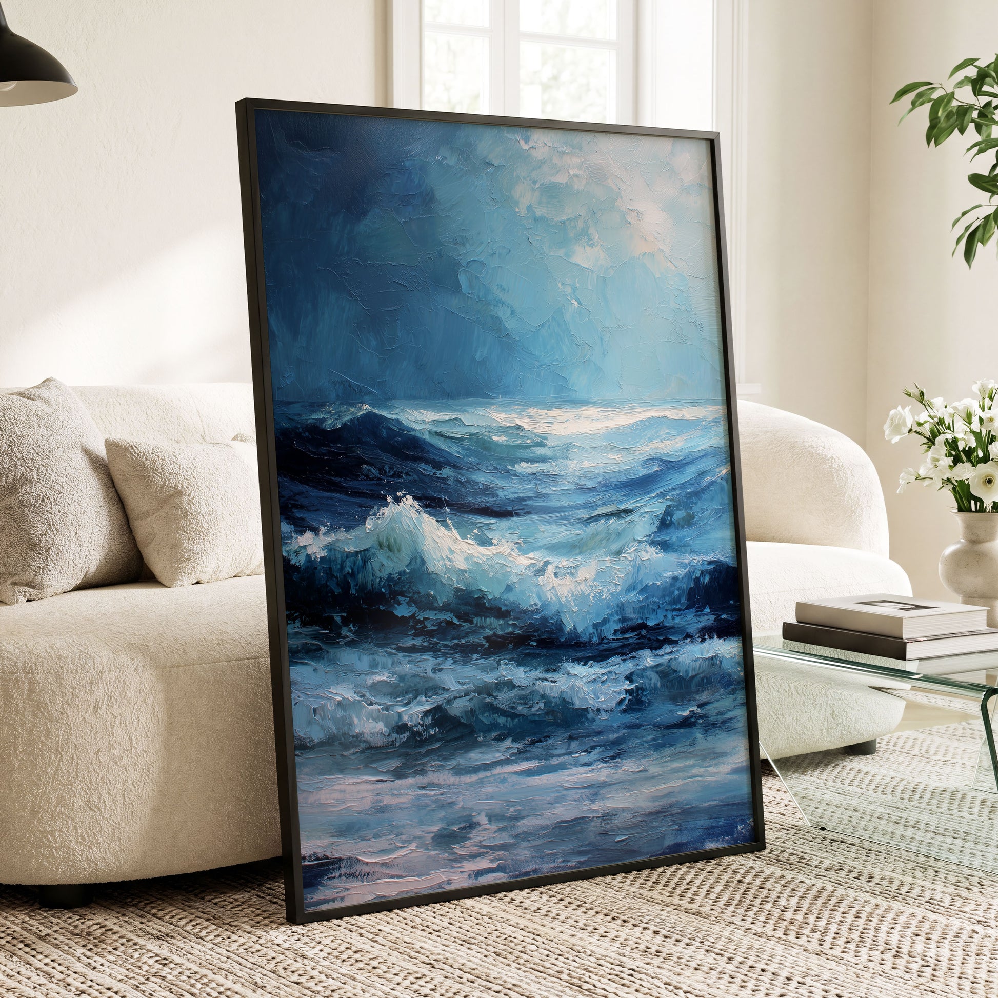 Tempest in Blue, blue, white, black nature wall art displayed in a styled interior, gallery view 6